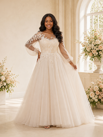 ChicSew Elegant A-Line Illusion Long Sleeves Tulle Maxi Wedding Dress With Lace Applique