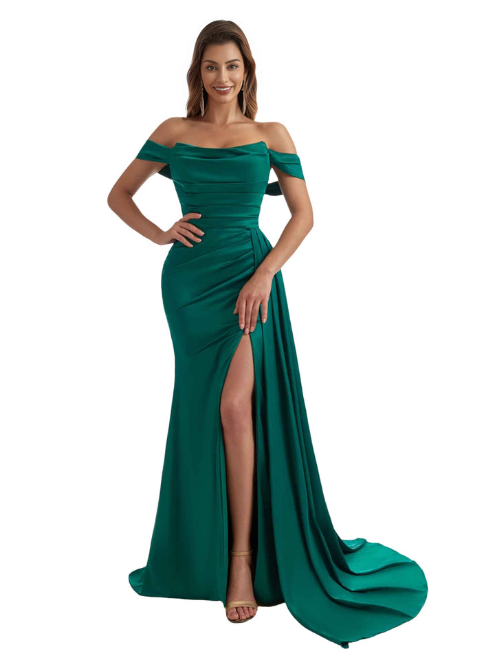 Sexy Off The Shoulder Side Split Mermaid Ruched Satin Pretty Long Bridesmaid Dresses