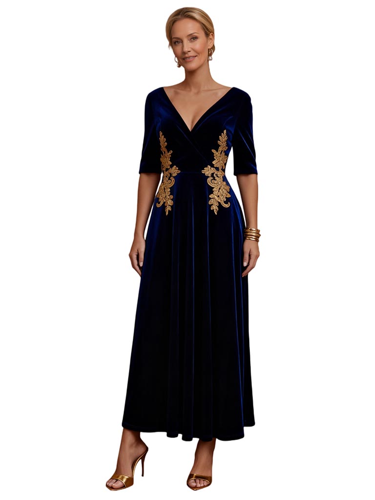 Elegant V-neck Half Sleeves Velvet A-Line Ankle-Length Mother Of The Bride Dresses