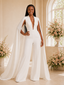 ChicSew Modern Unique Deep V-Neck Crepe Floor-Length Wedding Jumpsuit With Cape Sleeves