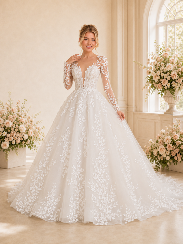 ChicSew Elegant A-Line Long Sleeves Lace Tulle Maxi Long Wedding Dresses With Long Train