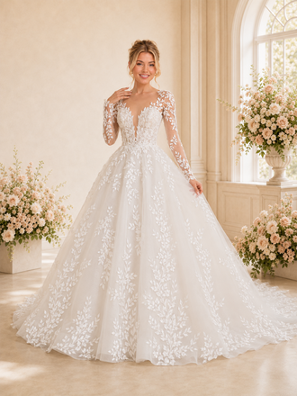 ChicSew Elegant A-Line Long Sleeves Lace Tulle Maxi Long Wedding Dresses With Long Train