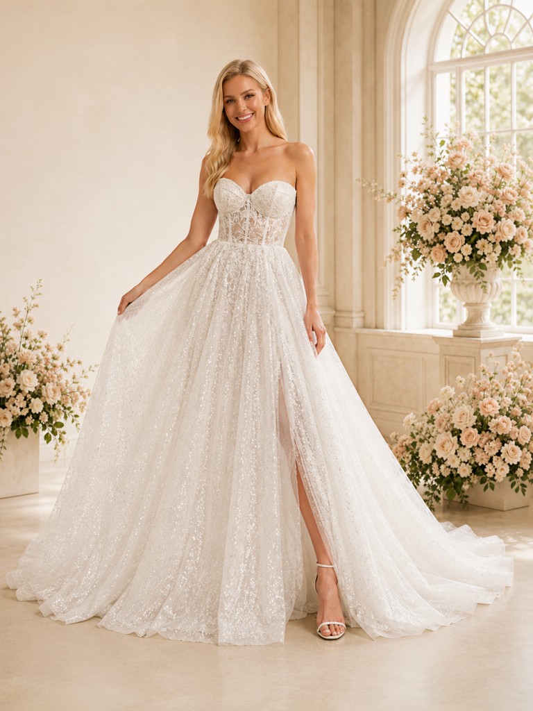 ChicSew Timeless Sweetheart A-Line Lace Tulle Boning Side Slit Floor-Length Wedding Dresses