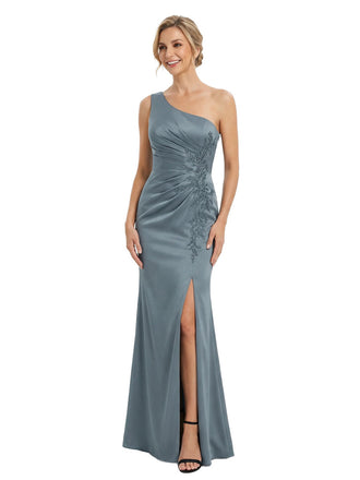 Elegant One Shoulder Lace Satin Maxi Gown Mother of The Bride Dresses