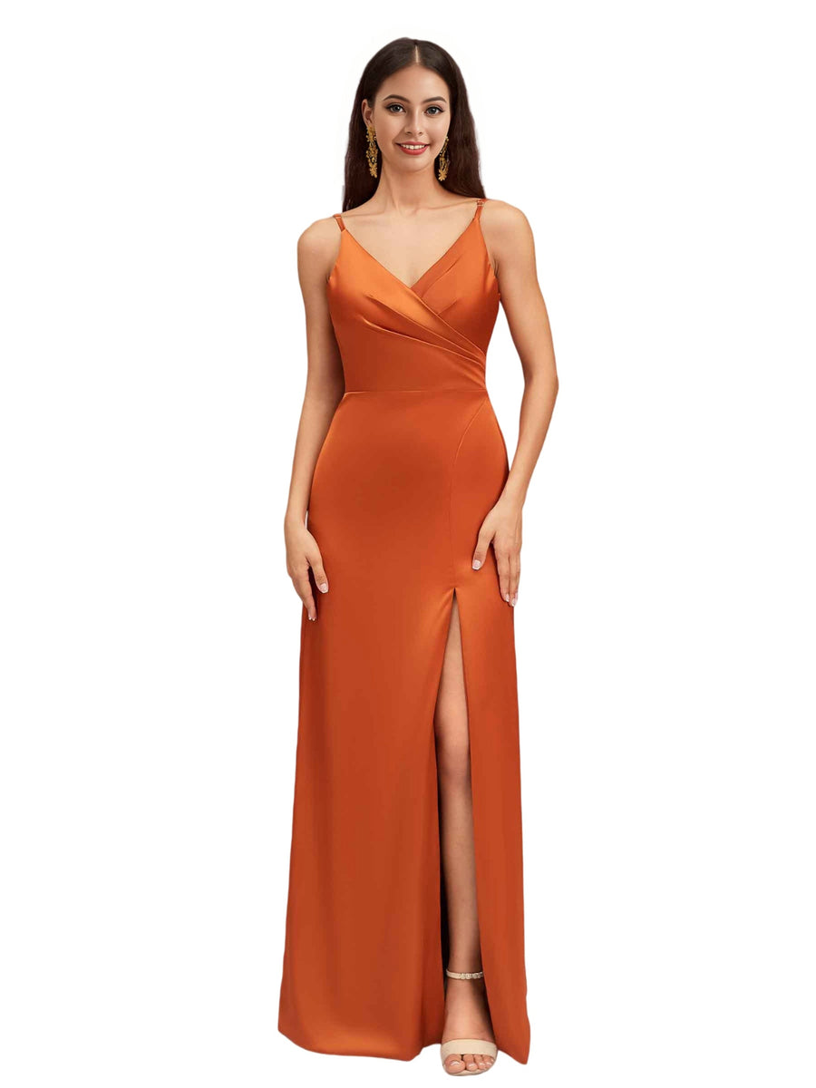 Elegant Spaghetti Straps V-Neck A-Line Soft Satin Simple Floor Length Bridesmaid Dresses