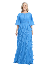 ChicSew Scoop Flutter Sleeve Ruched Waist Ruffle Detail Floor Length Chiffon Flowy Mom Of The Groom Dresses