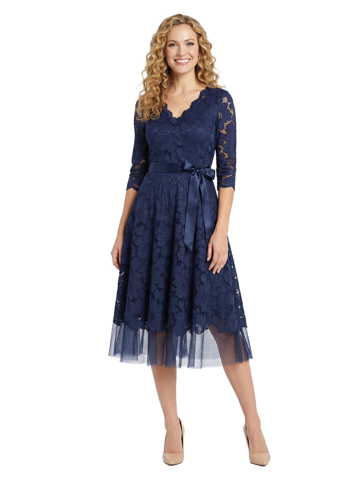 Chicsew Beautiful V-Neck 3/4 Sleeve Lace Mother of The Bride Dress Midi A-Line Bow Accent Flowy Gown