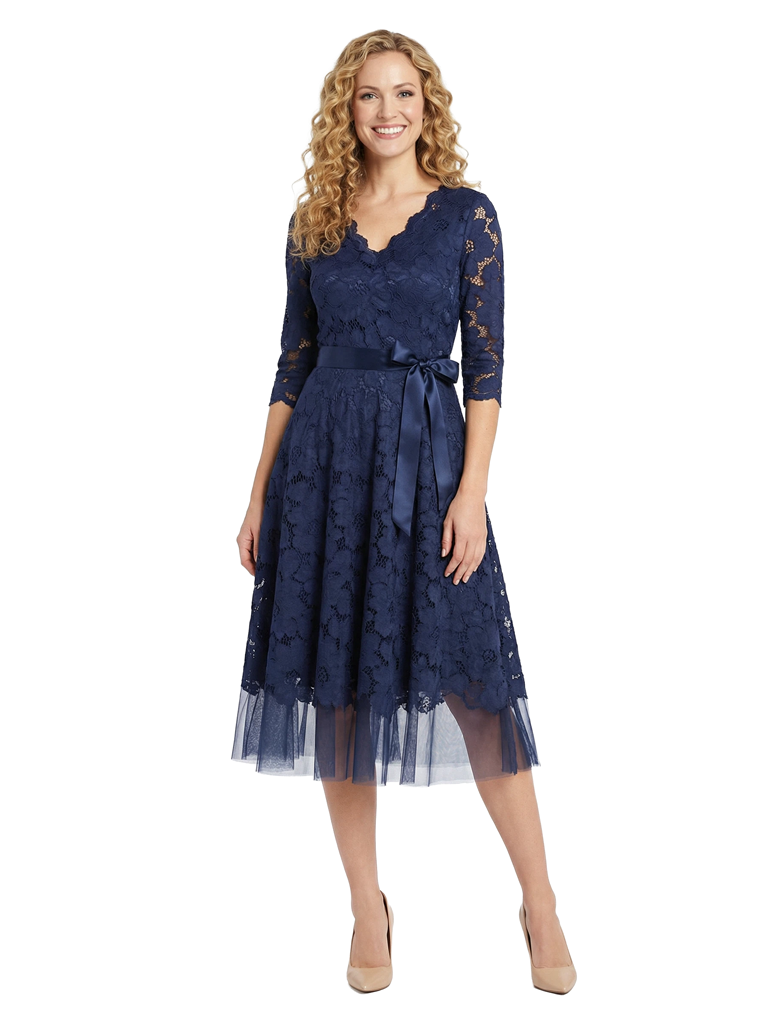 Chicsew Beautiful V-Neck 3/4 Sleeve Lace Mother of The Bride Dress Midi A-Line Bow Accent Flowy Gown