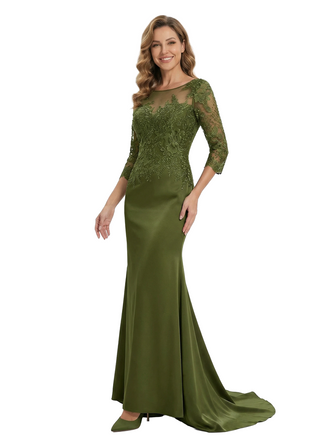 Chicsew Elegant Scoop Lace 3/4 Sleeves Satin Mermaid Mother Of The Bride Dresses