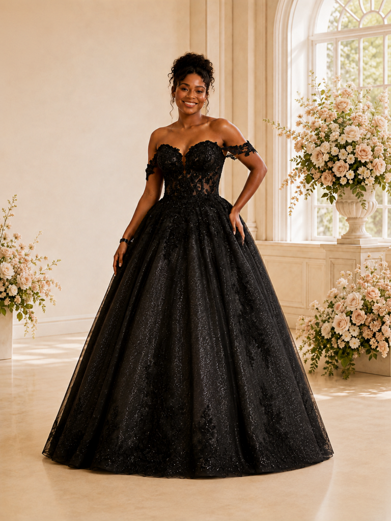 ChicSew Unique Off The Shoulder A-Line Glitter Tulle Maxi Wedding Dress With Lace Applique