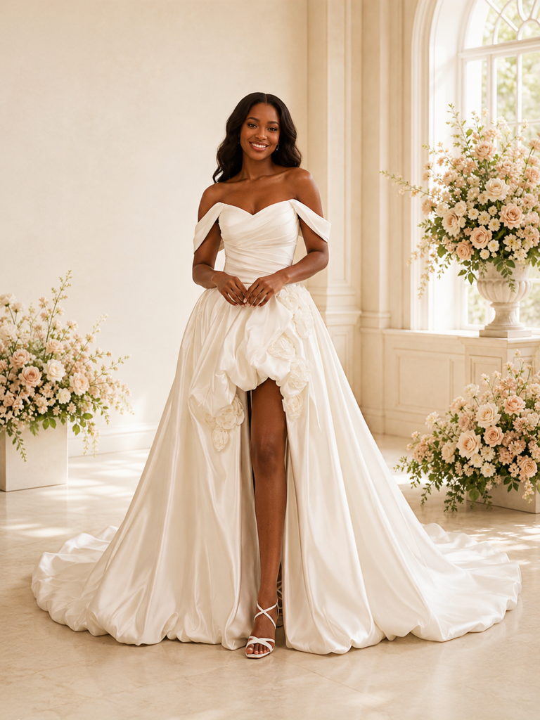 ChicSew Fancy Off The Shoulder Ruched Side Slit A-Line Satin Maxi Wedding Dress