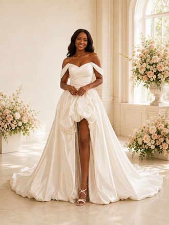 ChicSew Fancy Off The Shoulder Ruched Side Slit A-Line Satin Maxi Wedding Dress
