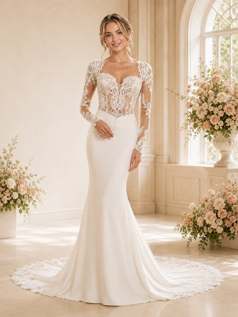 ChicSew Elegant Fancy Lace Applique Long Sleeves Mermaid Crepe Maxi Wedding Dress