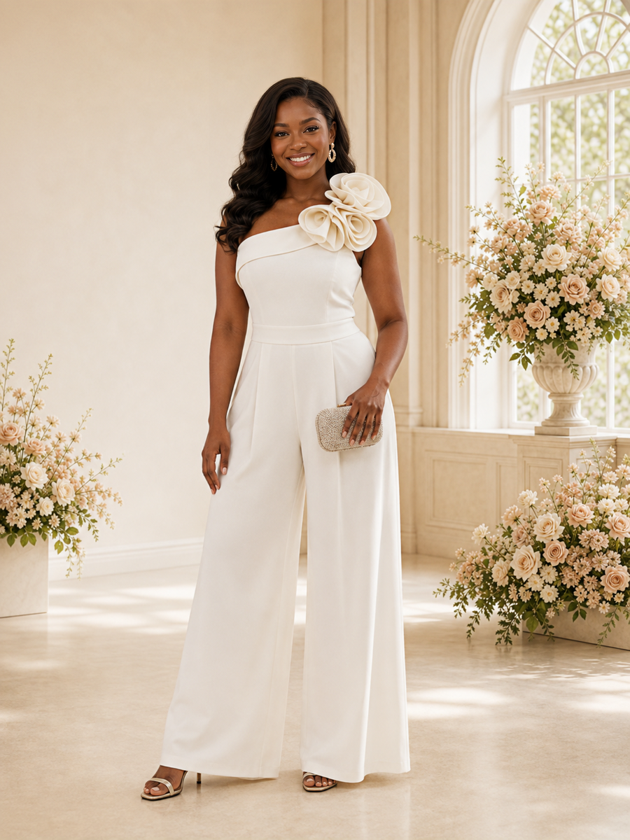 ChicSew Modern Elegant One Shoulder Crepe Floor-Length Wedding Jumpsuit With Floral Applique