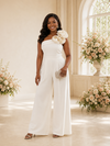 ChicSew Modern Elegant One Shoulder Crepe Floor-Length Wedding Jumpsuit With Floral Applique