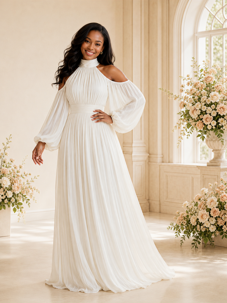 ChicSew Elegant High Neck Long Sleeves Pleats Chiffon A-Line Maxi Wedding Dress