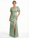 Elegant Jacquard Satin Side Slit Square neckline Mermaid Short Sleeves Long Formal Evening Dresses