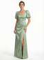 Elegant Jacquard Satin Side Slit Square neckline Mermaid Short Sleeves Long Formal Evening Dresses