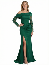 Chicsew Lace Appliques Long Sleeves Side Slit Satin Mermaid Mother Of The Bride Dresses