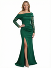 Chicsew Lace Appliques Long Sleeves Side Slit Satin Mermaid Mother Of The Bride Dresses