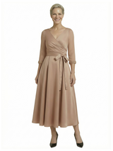 Elegant A-Line Tea Length Mother Of The Groom Gown With Sleeves
