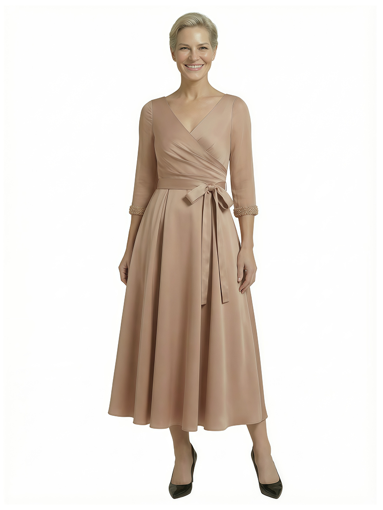 Elegant A-Line Tea Length Mother Of The Groom Gown With Sleeves