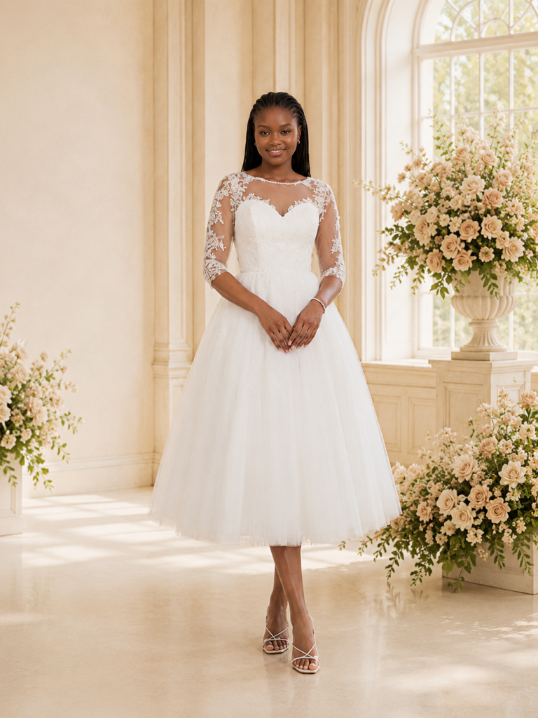 ChicSew Elegant A-Line Illusion 3/4 Sleeves Lace Appliques Tulle Tea-Length Wedding Dress