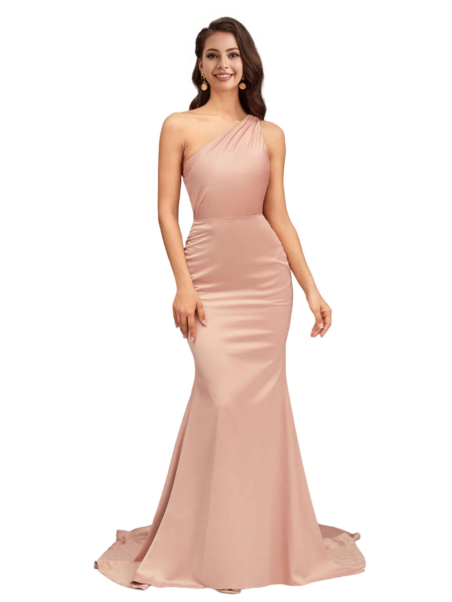 Sexy One Shoulder Soft Satin Open Back Mermaid Long Bridesmaid Dresses Online