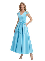 Charming V-Neck Cap Sleeve Tea-Length With Tulle Floral Detail Pretty Formal Mother of The Bride Satin Gown