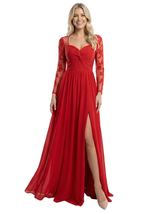 Elegant V-Neck Side Slit Long Sleeves Ruched A-Line Chiffon Formal Prom Dress