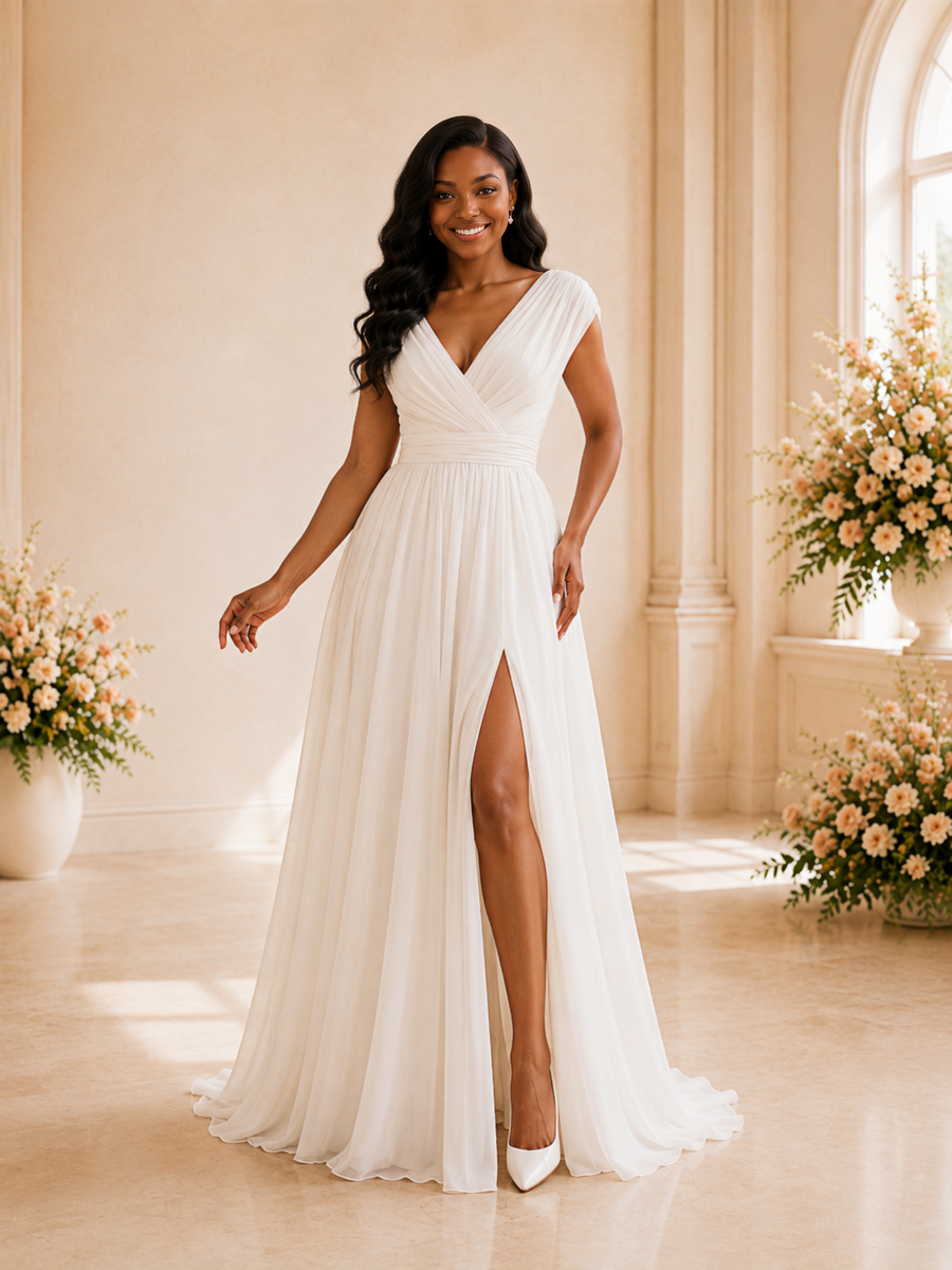 ChicSew Elegant V-Neck Cap Sleeves Pleats Chiffon A-Line Maxi Wedding Dress