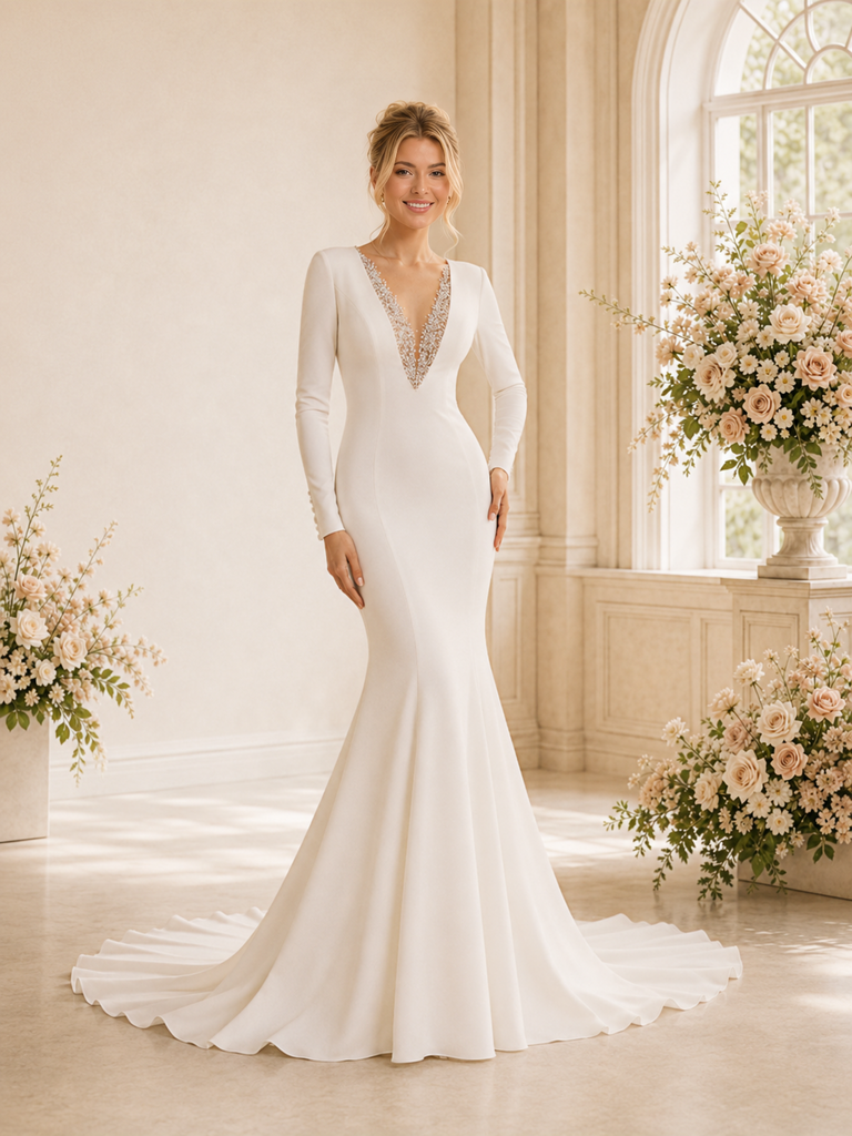 ChicSew Elegant Unique Beaded V-Neck Long Sleeves Crepe Mermaid Maxi Wedding Dress With Train