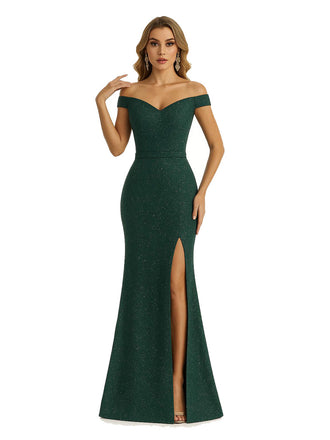 Shiny Off Shoulder Mermaid Glitter Jersey Long Formal Dresses For Women