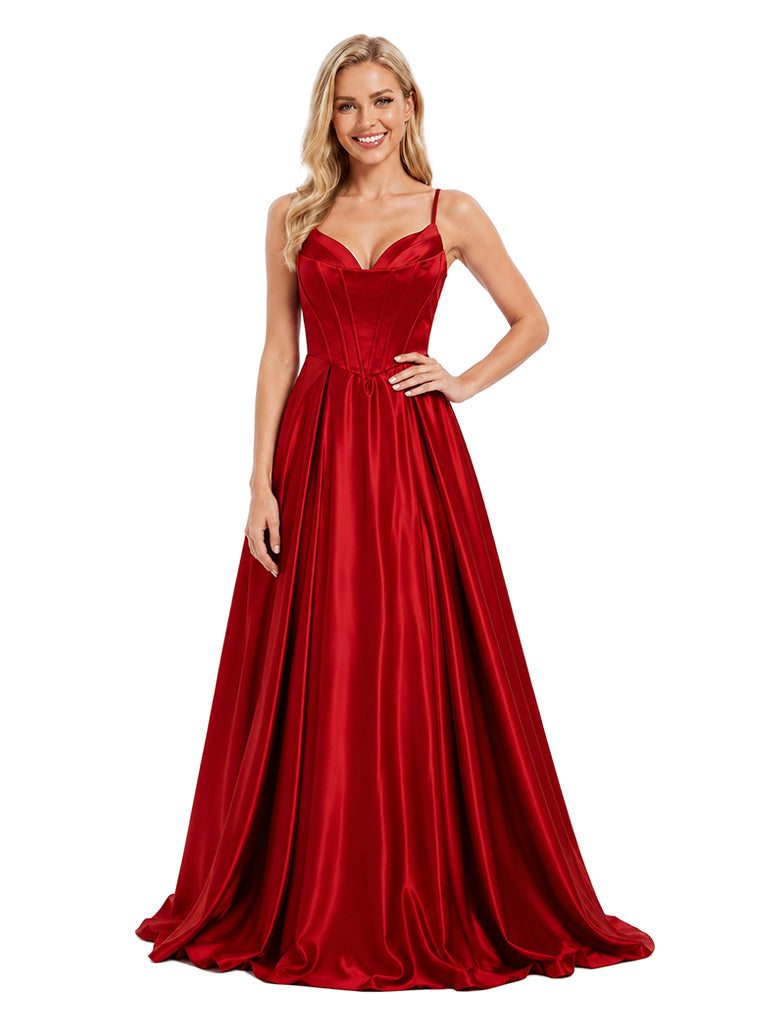 ChicSew Fancy Spaghetti Straps A-Line Satin Bridal Party Dress Boned Elegant Floor-Length Bridesmaid Gown