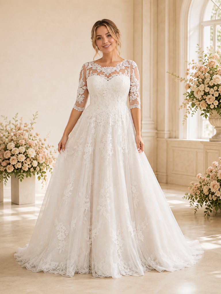 ChicSew Elegant Jewel Half Sleeves Lace Tulle Maxi Long A-Line Wedding Dress