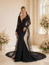 ChicSew Unique Deep V-Neck Mermaid Long Sleeves Lace Tulle Maxi Wedding Dress With Long Train