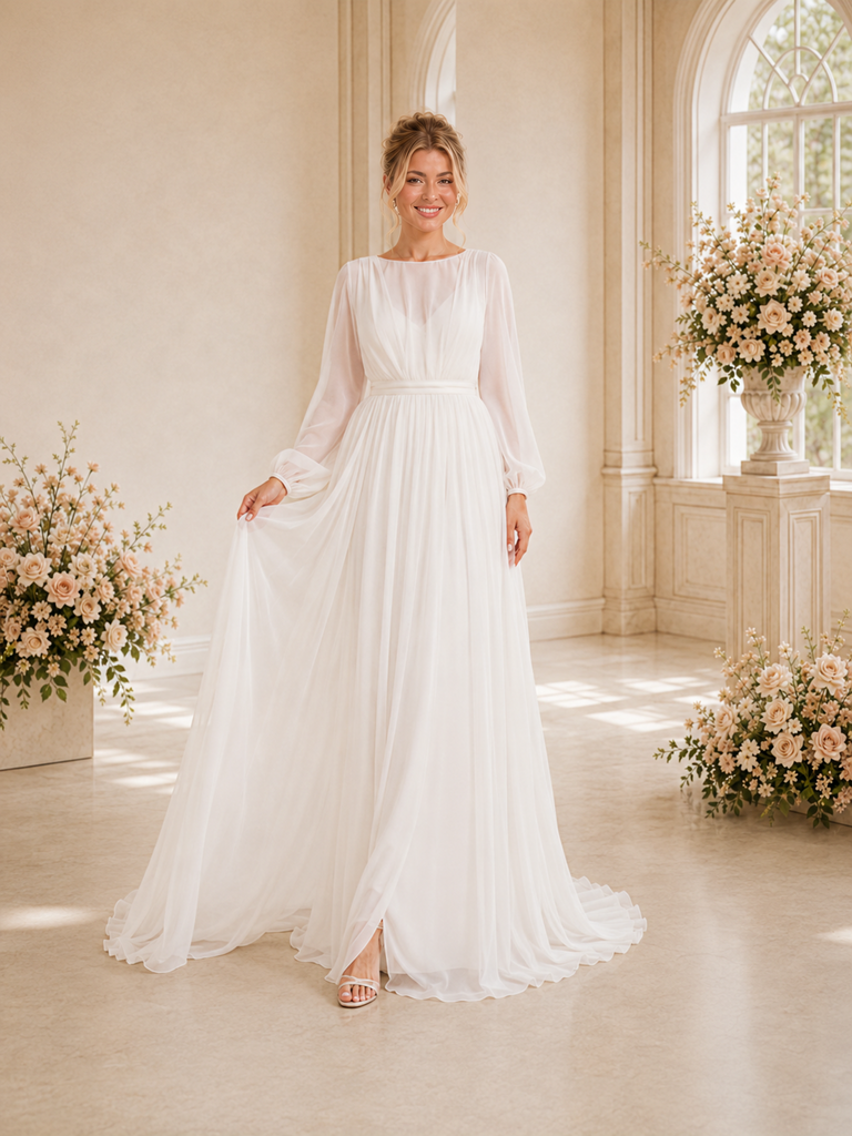 ChicSew Simple Bateau Long Sleeves Chiffon A-Line Floor-Length Wedding Dresses
