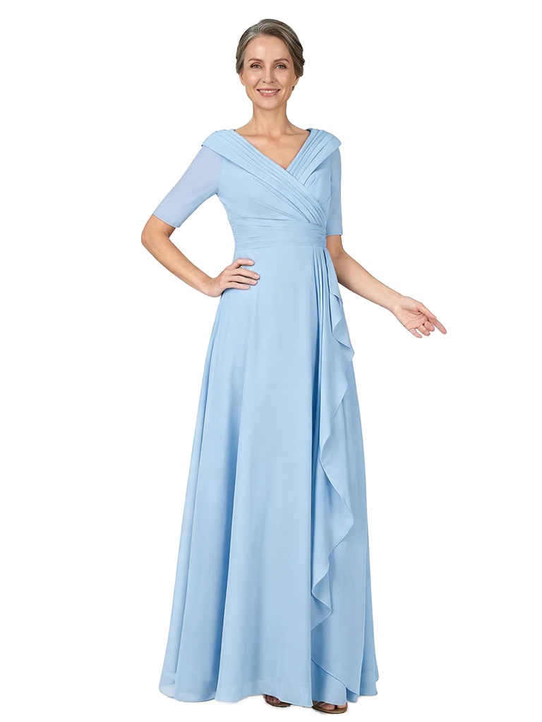 ChicSew V-Neck Half Sleeve Pleated Bodice Ruffle Side Detail Floor Length Chiffon Mother of the Bride Dresses