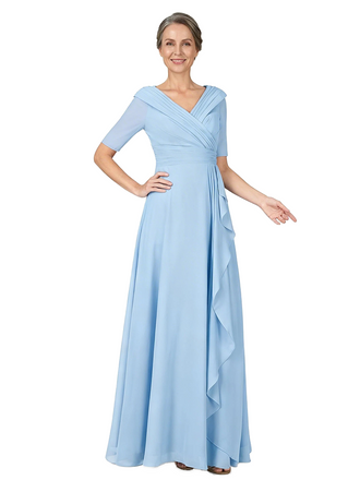 ChicSew V-Neck Half Sleeve Pleated Bodice Ruffle Side Detail Floor Length Chiffon Mother of the Bride Dresses