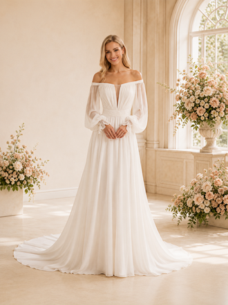 ChicSew Fancy Chiffon Off The Shoulder Long Sleeves A-Line Floor-Length Wedding Dress With Pleats
