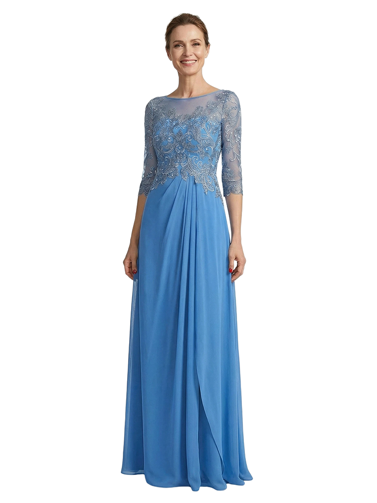 ChicSew Illusion Long Sleeve Lace Ruched A-Line Floor Length Chiffon Fancy Mother of the Bride Dresses