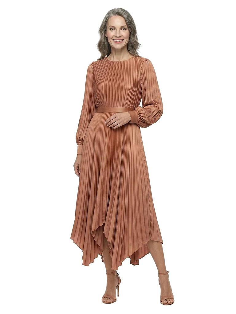 ChicSew Stylish Jewel Pleated Satin A-Line Mother Of The Groom Dress Asymmetrical Hem Long Sleeve Midi Gown