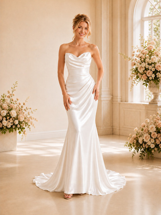 ChicSew Sexy Strapless Ruched Mermaid Sleeveless Satin Long Wedding Dresses With Train