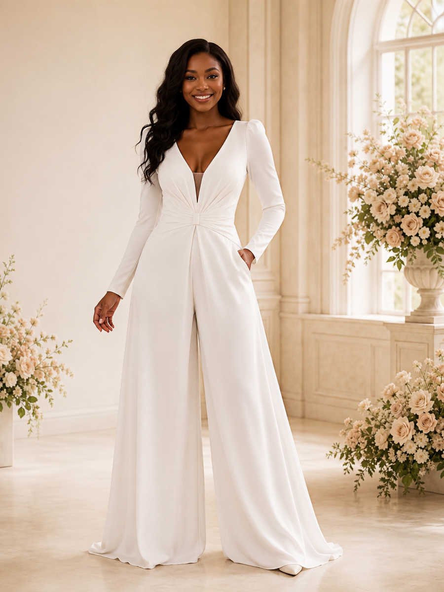 ChicSew Modern V-Neck Long Sleeves Crepe Floor-Length Wedding Jumpsuit