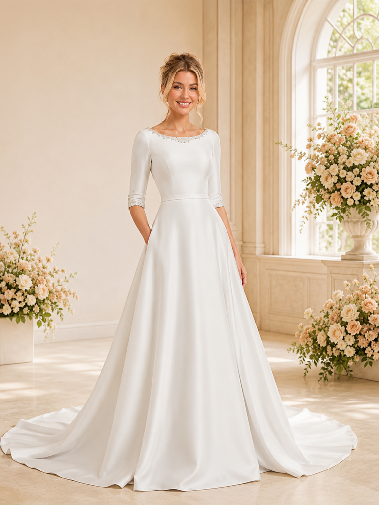 ChicSew Elegant Bateau Half Sleeves Satin A-Line Long Wedding Dresses With Beading