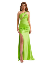 Sexy Silky Satin One Shoulder Mermaid Side Slit Unique Long Bridesmaid Dresses Online