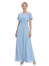 ChicSew Modern Ruched A-Line Chiffon Scoop Mother Of The Bride Gowns With Flutter Sleeves