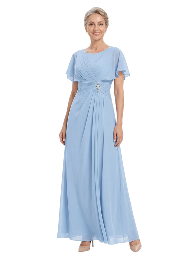 ChicSew Modern Ruched A-Line Chiffon Scoop Mother Of The Bride Gowns With Flutter Sleeves