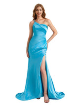 Sexy One Shoulder Side Split Ruched Soft Satin Mermaid Long Beauty Bridesmaid Dresses