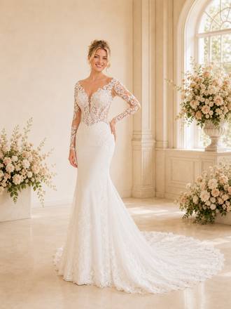 ChicSew Delicate V-Neck Mermaid Lace Tulle Long Sleeves Maxi Long Wedding Dresses